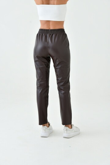 Kadın Beli Lastikli Parça Derili Spor Şık Tasarım Deri Pantolon