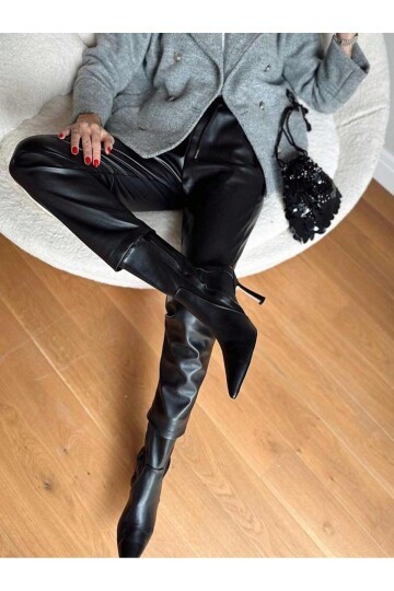 Kadın Beli Lastikli Parça Derili Spor Şık Tasarım Siyah Deri Pantolon