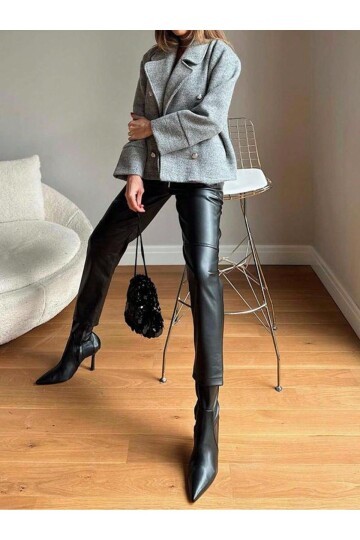 Kadın Beli Lastikli Parça Derili Spor Şık Tasarım Siyah Deri Pantolon