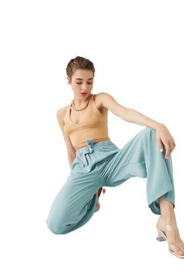 Kadın Beli Lastikli Rahat Salaş Su Yeşili Pantolon