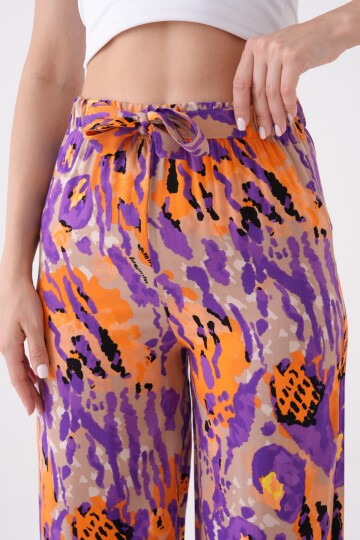 Kadın Beli Lastikli Yüksek Bel Rahat Kalıp Dokuma Viskon Kuşaklı Geniş Paça Curve Pantolon