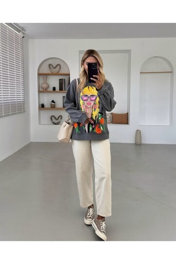 Kadın Bisiklet Yaka Dijital Baskı Comfort Renkli Desenli Sweatshirt