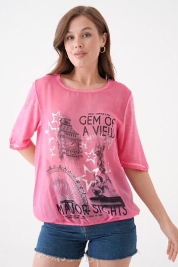 Kadın Bisiklet Yaka Kısa Kol Baskı Detaylı Spor Şık Curve Beli Lastikli Şifon Bluz