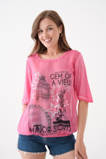 Kadın Bisiklet Yaka Kısa Kol Baskı Detaylı Spor Şık Curve Beli Lastikli Şifon Bluz