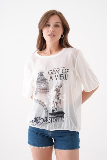 Kadın Bisiklet Yaka Kısa Kol Baskı Detaylı Spor Şık Curve Beli Lastikli Şifon Bluz