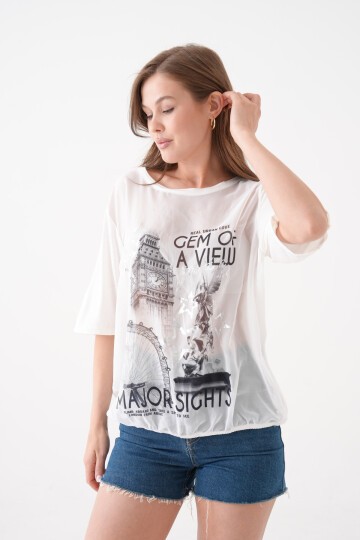 Kadın Bisiklet Yaka Kısa Kol Baskı Detaylı Spor Şık Curve Beli Lastikli Şifon Bluz