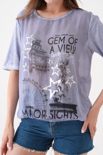 Kadın Bisiklet Yaka Kısa Kol Baskı Detaylı Spor Şık Curve Beli Lastikli Şifon Bluz