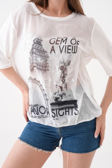 Kadın Bisiklet Yaka Kısa Kol Baskı Detaylı Spor Şık Curve Beli Lastikli Şifon Bluz