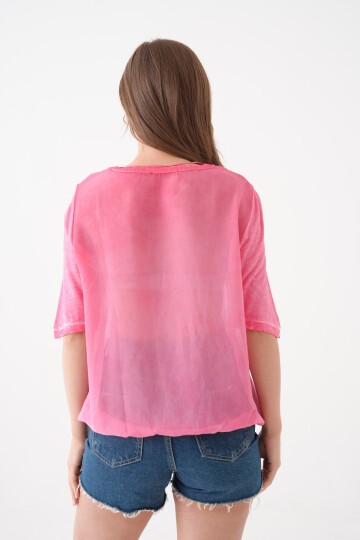 Kadın Bisiklet Yaka Kısa Kol Baskı Detaylı Spor Şık Curve Beli Lastikli Şifon Bluz