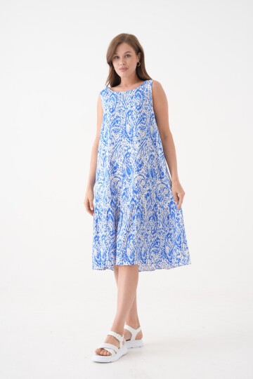 Kadın Bisiklet Yaka Kolsuz Eteği Volanlı Yazlık Desenli Büyük Beden Curve Dokuma Elbise