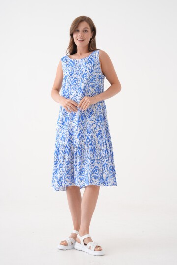 Kadın Bisiklet Yaka Kolsuz Eteği Volanlı Yazlık Desenli Büyük Beden Curve Dokuma Elbise