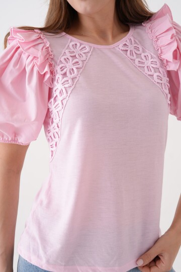 Kadın Bisiklet Yaka Volanlı Karpuz Kol Güpür Detaylı Spor Şık Çiçek Güpürlü Bluz