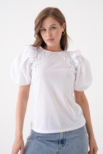 Kadın Bisiklet Yaka Volanlı Karpuz Kol Güpür Detaylı Spor Şık Çiçek Güpürlü Bluz