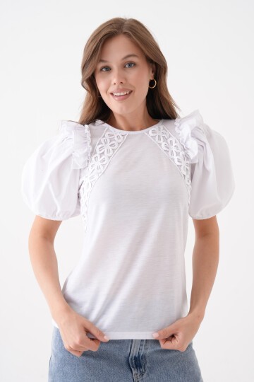 Kadın Bisiklet Yaka Volanlı Karpuz Kol Güpür Detaylı Spor Şık Çiçek Güpürlü Bluz