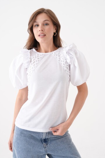 Kadın Bisiklet Yaka Volanlı Karpuz Kol Güpür Detaylı Spor Şık Çiçek Güpürlü Bluz