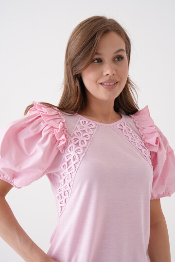 Kadın Bisiklet Yaka Volanlı Karpuz Kol Güpür Detaylı Spor Şık Çiçek Güpürlü Bluz