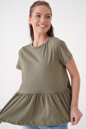 Kadın Bisiklet Yaka Yarım Kol Eteği Pileli Spor Şık Örme Rahat Kalıp Yazlık Bluz