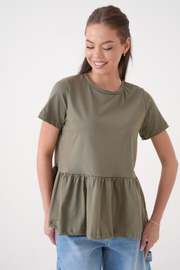 Kadın Bisiklet Yaka Yarım Kol Eteği Pileli Spor Şık Örme Rahat Kalıp Yazlık Bluz