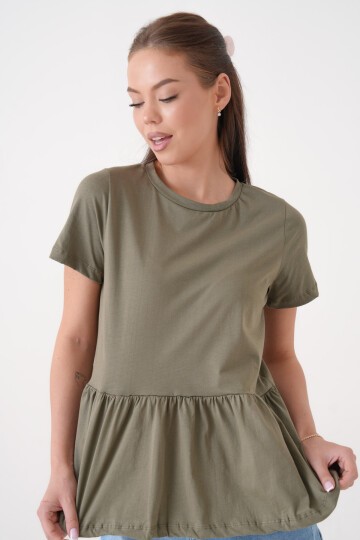 Kadın Bisiklet Yaka Yarım Kol Eteği Pileli Spor Şık Örme Rahat Kalıp Yazlık Bluz