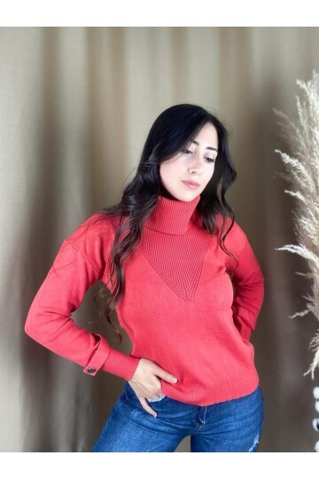 Kadın Boğazlı Uzun Kol Rahat Kalıp Triko Nar Çiçeği Kazak