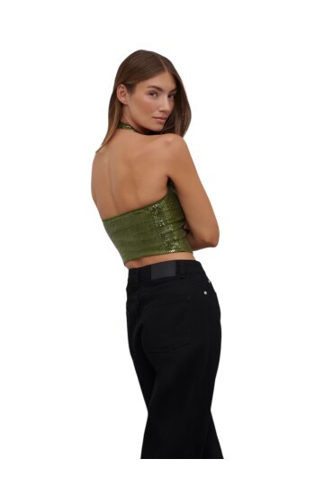 Kadın Boyundan Bağlamalı Sırtı Açık Tamamen Pul Payetli Spor Şık Gece Bluzu
