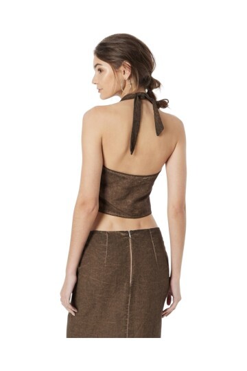 Kadın Boyundan Bağlamalı V Yaka Tasarım Şık Crop Top Bluz
