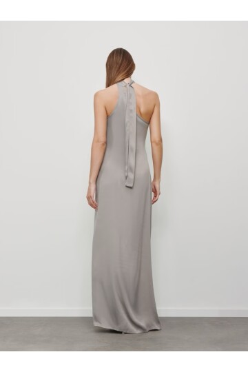 Kadın Boyundan Bağlamalı Vücudu Saran Maxi Sırtı Açık Saten Kolsuz Şık Yazlık Abiye Gece Elbise