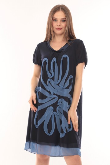 Kadın Büyük Beden Yarım Kol Şifon Çiçek Desenli Curve Astarlı Spor Şık Elbise