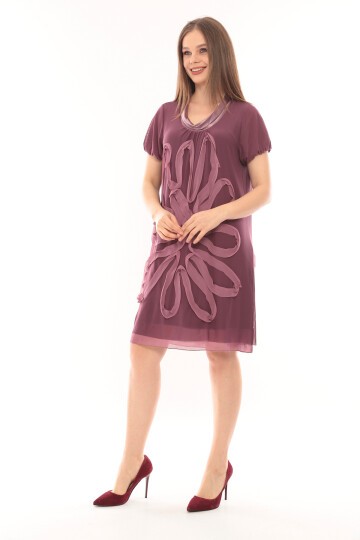 Kadın Büyük Beden Yarım Kol Şifon Çiçek Desenli Curve Astarlı Spor Şık Elbise