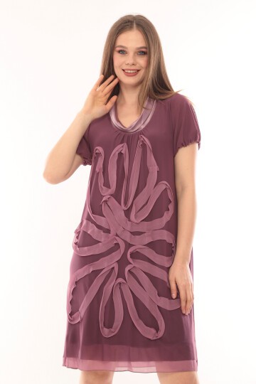 Kadın Büyük Beden Yarım Kol Şifon Çiçek Desenli Curve Astarlı Spor Şık Elbise