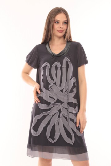 Kadın Büyük Beden Yarım Kol Şifon Çiçek Desenli Curve Astarlı Spor Şık Elbise