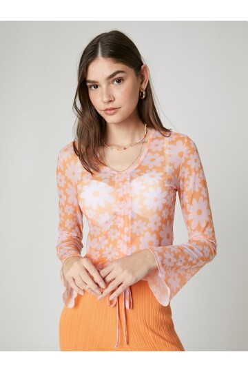 Kadın Çiçek Desenli Uzun Kol Tül Önden Büzgülü Spor Şık Crop Top Spor Casual  Büstiyer Bluz