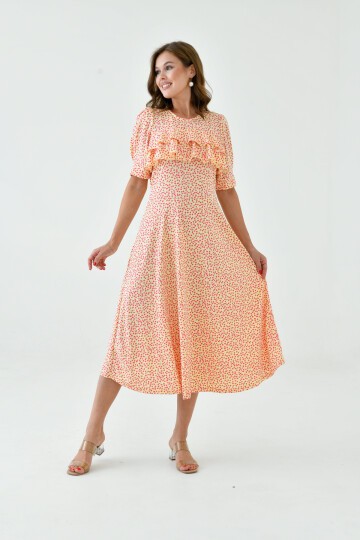 Kadın Çiçekli Kare Yaka Yarım Volanlı Kol Spor Şık Yazlık Uzun Elbise