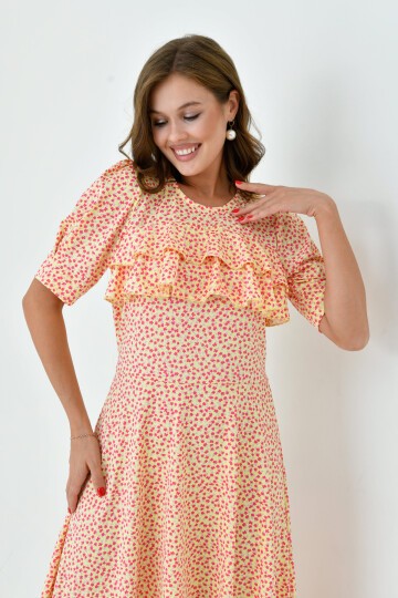 Kadın Çiçekli Kare Yaka Yarım Volanlı Kol Spor Şık Yazlık Uzun Elbise