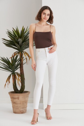 Kadın Çıtçıt Zıbınlı Vücudu Saran Bodysuit Spor Şık Askılı Bluz