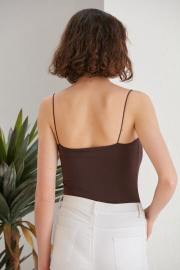 Kadın Çıtçıt Zıbınlı Vücudu Saran Bodysuit Spor Şık Askılı Bluz