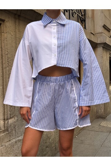 Kadın Çizgili Asimetrik Kesim İspanyol Kol Önden Düğmeli Spor Şık Tasarım Etek Şort Gömlek Takım