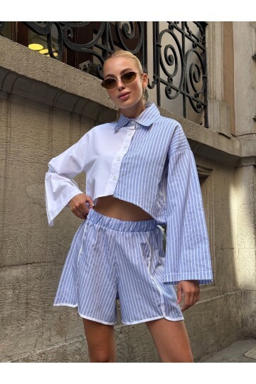 Kadın Çizgili Asimetrik Kesim İspanyol Kol Önden Düğmeli Spor Şık Tasarım Etek Şort Gömlek Takım