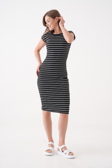 Kadın Çizgili Kolsuz Spor Şık Siyah Kaşkorse Pamuk Yazlık Elbise
