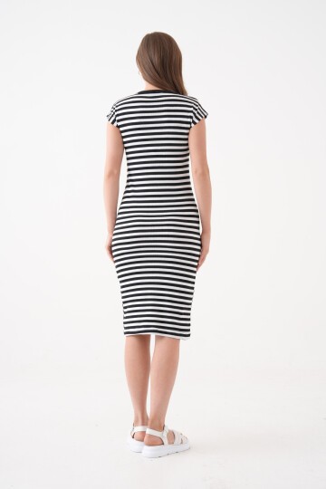 Kadın Çizgili  Spor Şık Siyah Beyaz Casual Midi Boy Elbise