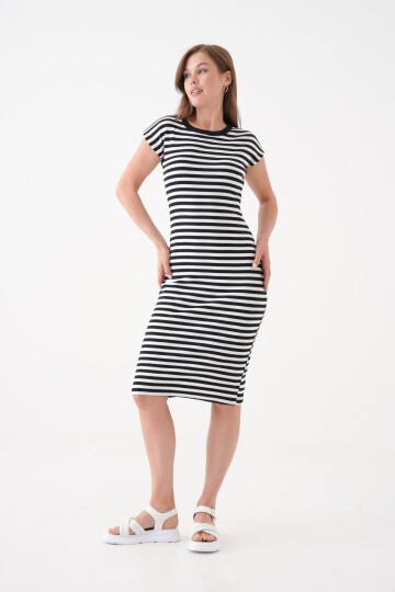 Kadın Çizgili  Spor Şık Siyah Beyaz Casual Midi Boy Elbise