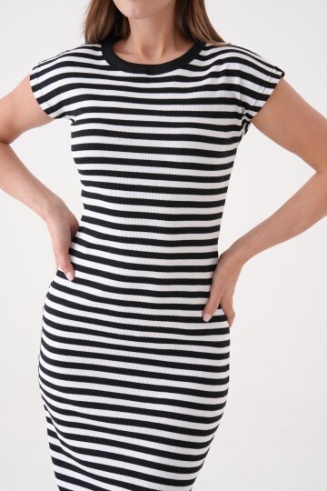 Kadın Çizgili  Spor Şık Siyah Beyaz Casual Midi Boy Elbise
