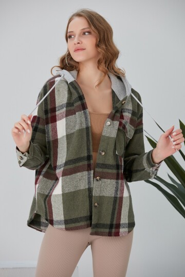 Kadın Çok Renkli Haki Oduncu Oversize Kapüşonlu Ceket Gömlek