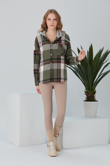 Kadın Çok Renkli Haki Oduncu Oversize Kapüşonlu Ceket Gömlek