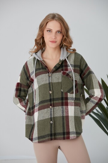 Kadın Çok Renkli Haki Oduncu Oversize Kapüşonlu Ceket Gömlek