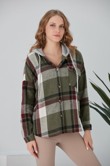 Kadın Çok Renkli Haki Oduncu Oversize Kapüşonlu Ceket Gömlek