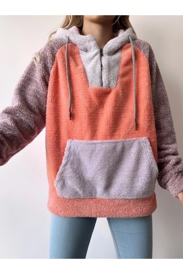 Kadın Çok Renkli Kanguru Cepli Kapüşonlu Spor Şık Oversize Sweatshirt
