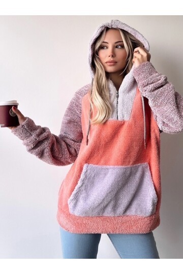 Kadın Çok Renkli Kanguru Cepli Kapüşonlu Spor Şık Oversize Sweatshirt