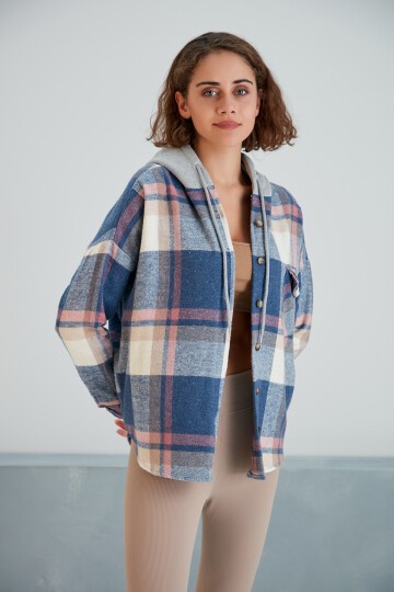 Kadın Çok Renkli Soft Mavi Oduncu Oversize Ceket Gömlek