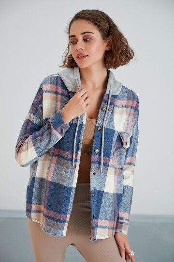 Kadın Çok Renkli Soft Mavi Oduncu Oversize Ceket Gömlek